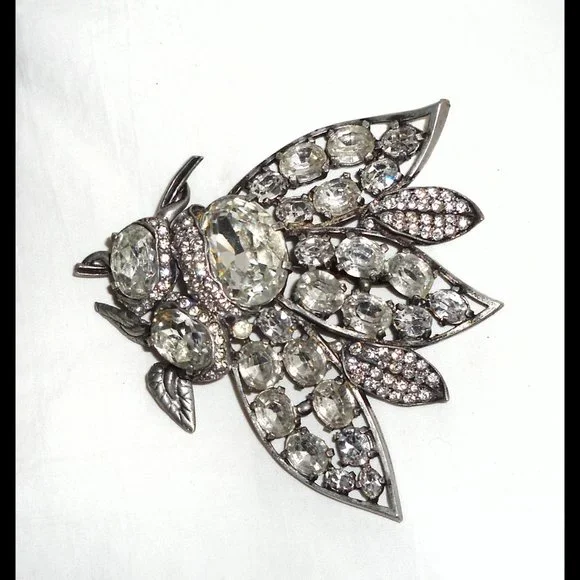*ULTRA RARE* 1930s Large EISENBERG Vtg BEE Art Deco Double Pin Rhinestone Brooch - Picture 5 of 13